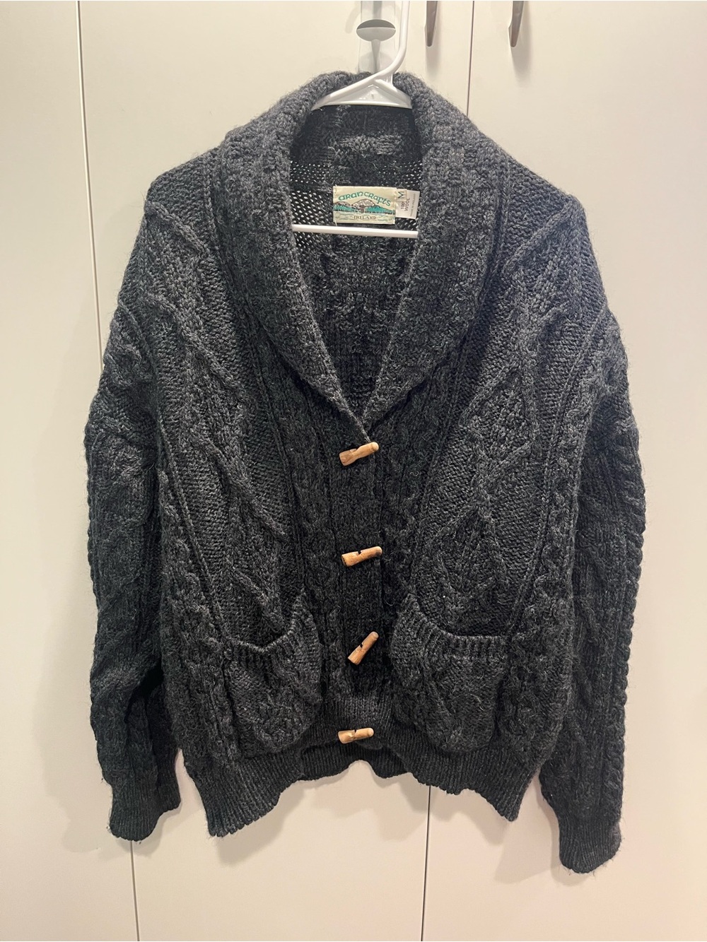 Aran Crafts Men's Cable Knit Shawl Collar Cardigan - Dark Gray